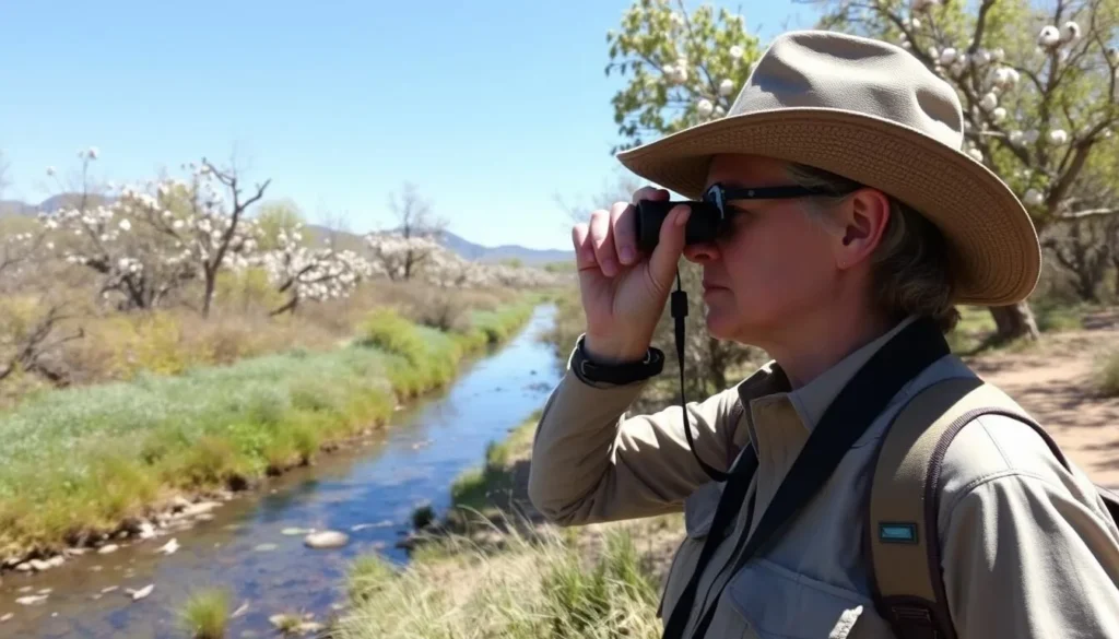 Visitor using binoculars to observe birds at Patagonia-Sonoita Creek Preserve