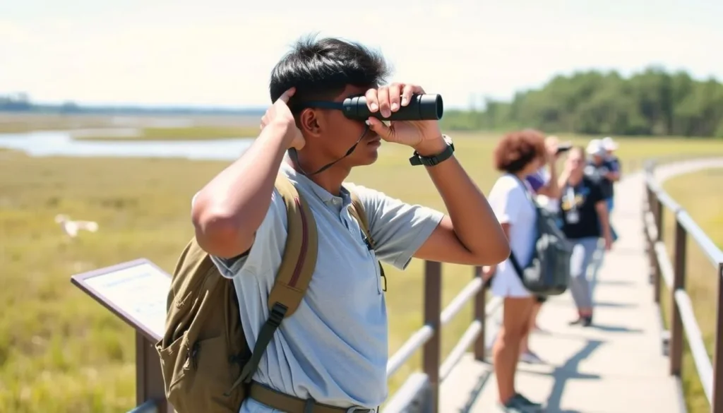 Visitor using binoculars to observe birds from the Blue Goose Trail at Sabine National Wildlife Refuge Visitor using binoculars to observe birds from the Blue Goose Trail at Sabine National Wildlife Refuge