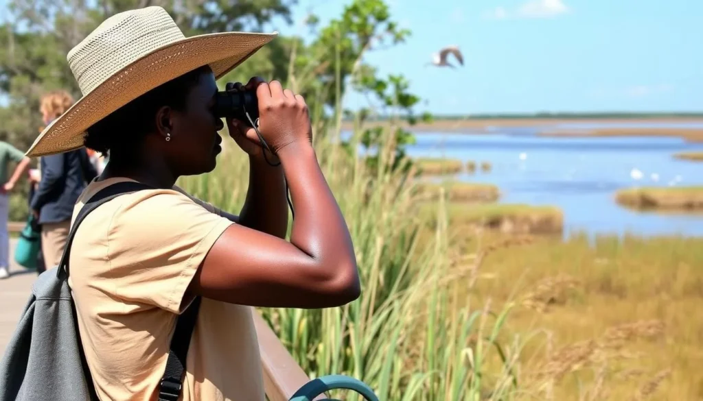 Visitor using binoculars to observe birds in a wildlife refuge along the Creole Nature Trail