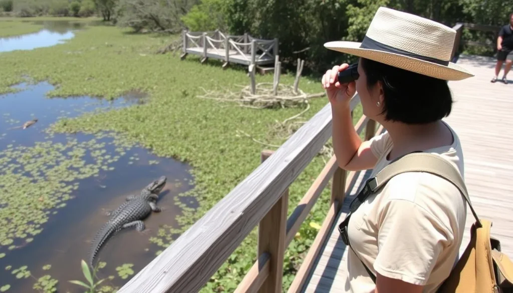 Visitor viewing an alligator from a safe distance on a boardwalk in a wildlife refuge