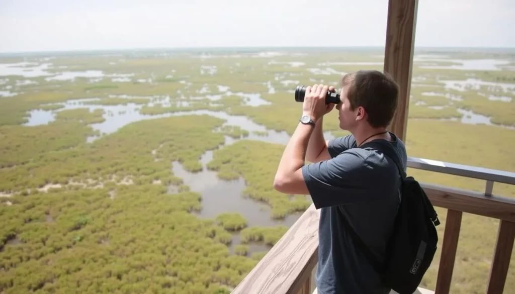 Visitor viewing wildlife from an observation tower at Lacassine National Wildlife Refuge Louisiana Visitor viewing wildlife from an observation tower at Lacassine National Wildlife Refuge Louisiana
