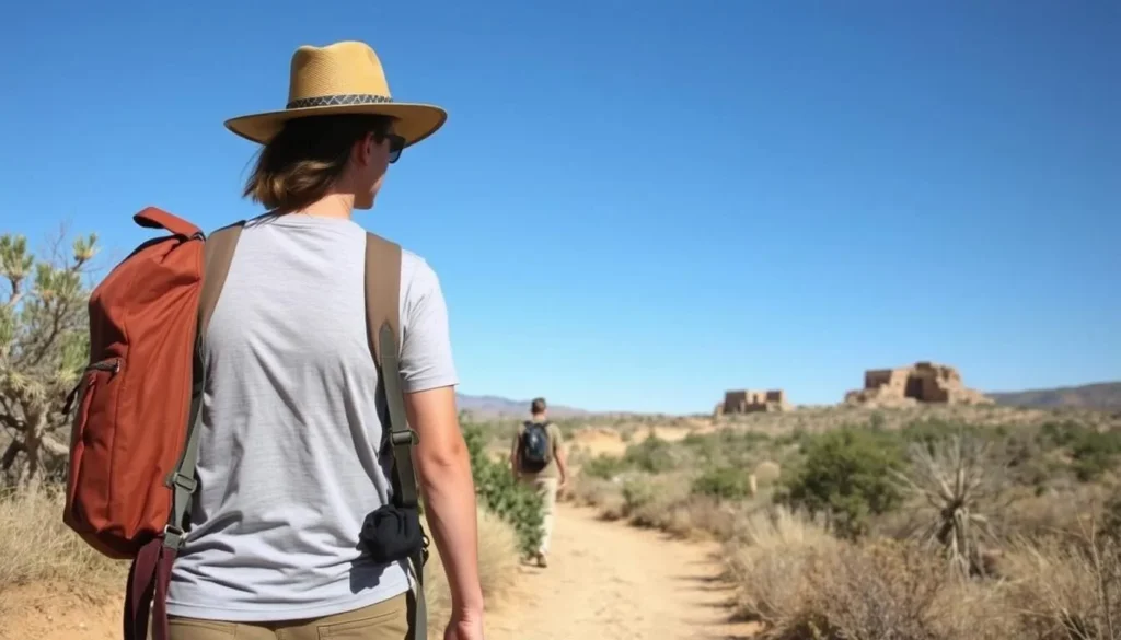 Visitor walking safely on designated trail at Pecos National Historical Park with proper hiking gear