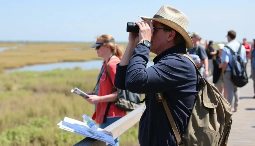 Visitor with binoculars and field guide enjoying birdwatching at Sabine National Wildlife Refuge Visitor with binoculars and field guide enjoying birdwatching at Sabine National Wildlife Refuge