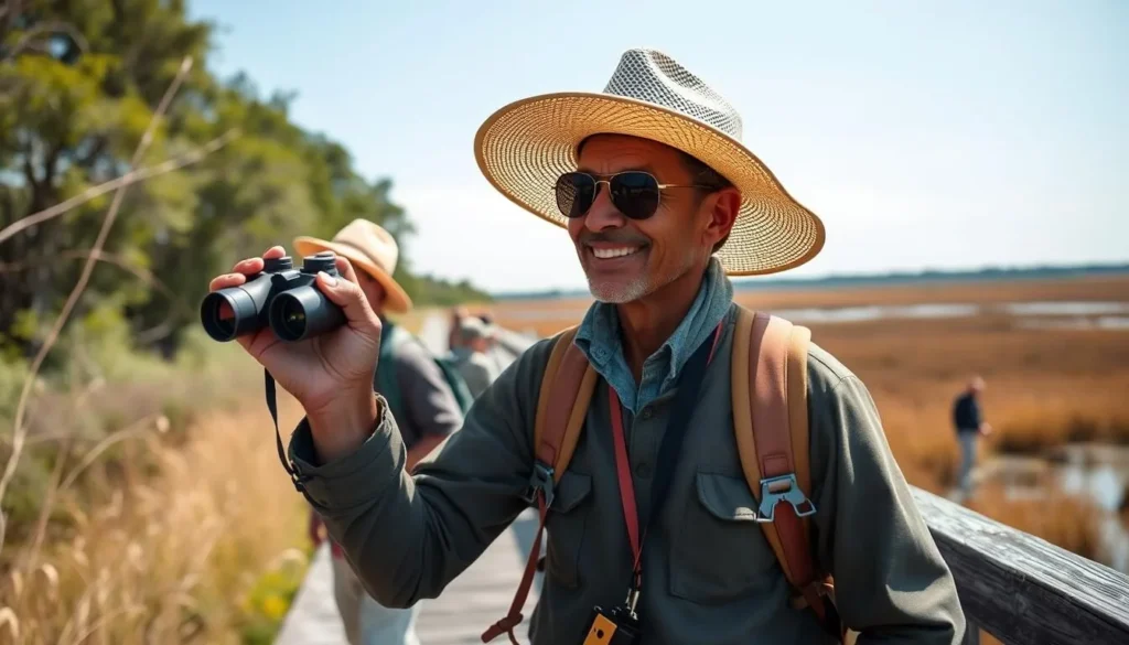 Visitor with binoculars and proper sun protection gear at Rockefeller Wildlife Refuge