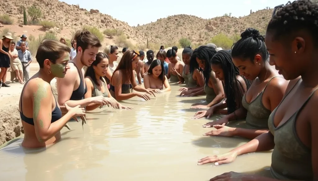 Visitors applying healing mud at the Ojo Caliente mud pool surrounded by desert landscape Visitors applying healing mud at the Ojo Caliente mud pool surrounded by desert landscape