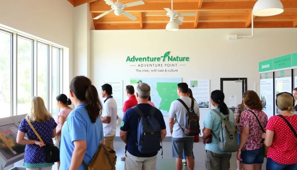 Visitors at the Creole Nature Trail Adventure Point in Sulphur, Louisiana learning about the trail