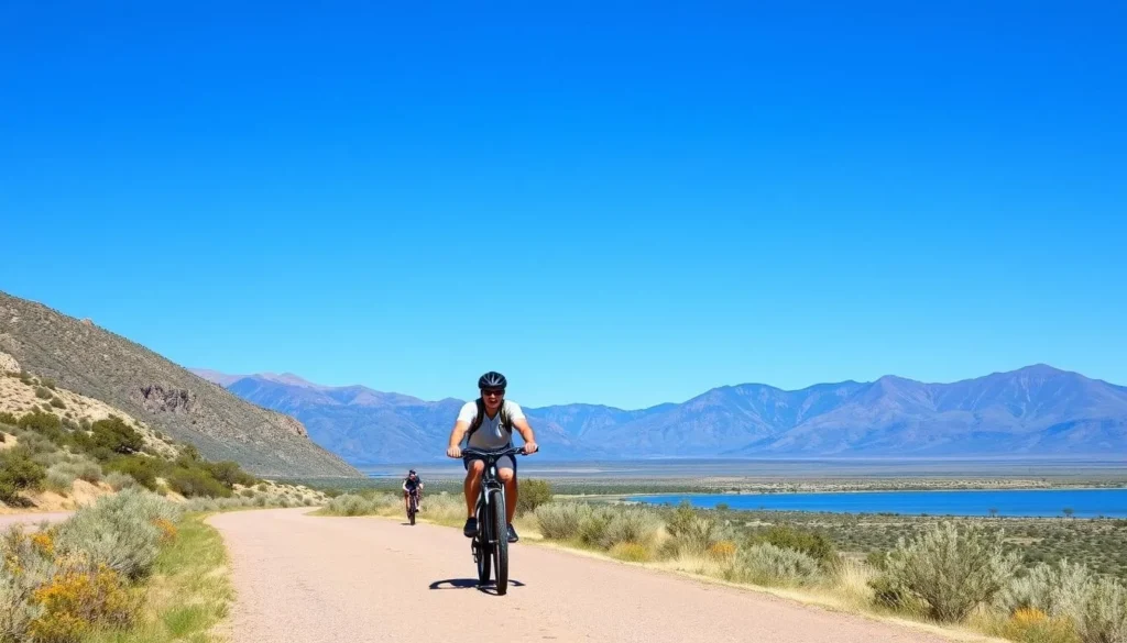 Visitors biking on a trail near Storrie Lake with mountain views Visitors biking on a trail near Storrie Lake with mountain views