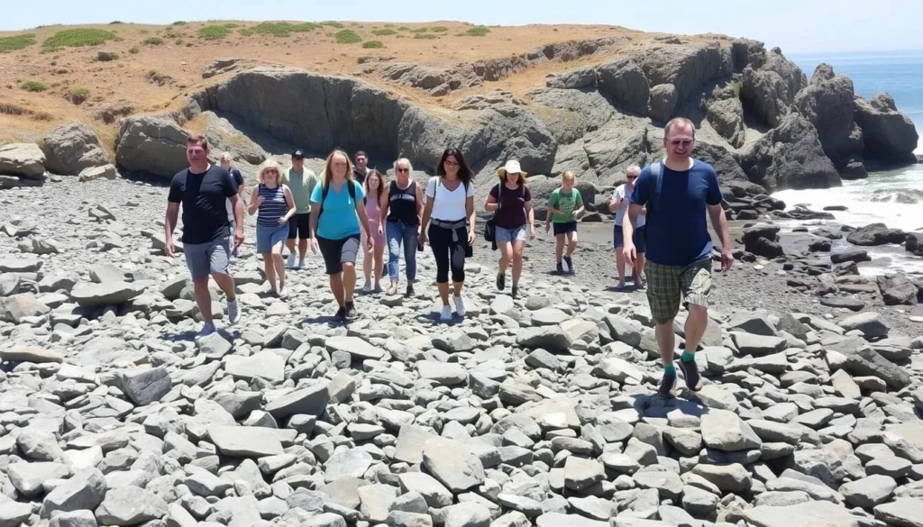 Visitors carefully exploring the rocky shoreline at Schooner Gulch State Beach California Visitors carefully exploring the rocky shoreline at Schooner Gulch State Beach California
