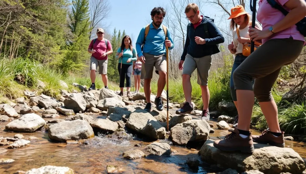 Visitors carefully navigating a creek crossing at Piney Creek Ravine