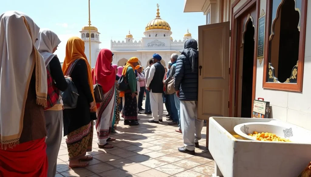 Visitors covering their heads with scarves while entering a Sikh Gurdwara in Punjab