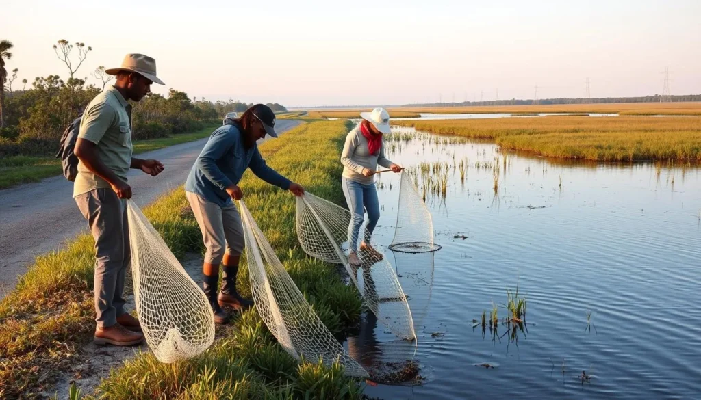 Visitors crabbing along Price Lake Road at Rockefeller Wildlife Refuge