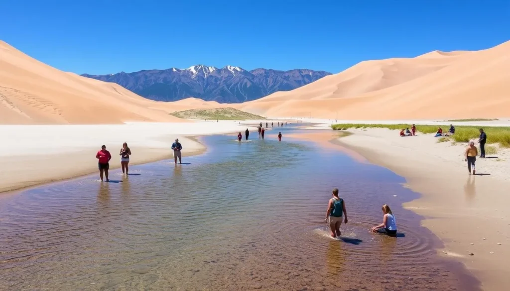 Visitors enjoying Medano Creek at Great Sand Dunes National Park in late spring with flowing water at the base of the dunes Visitors enjoying Medano Creek at Great Sand Dunes National Park in late spring with flowing water at the base of the dunes