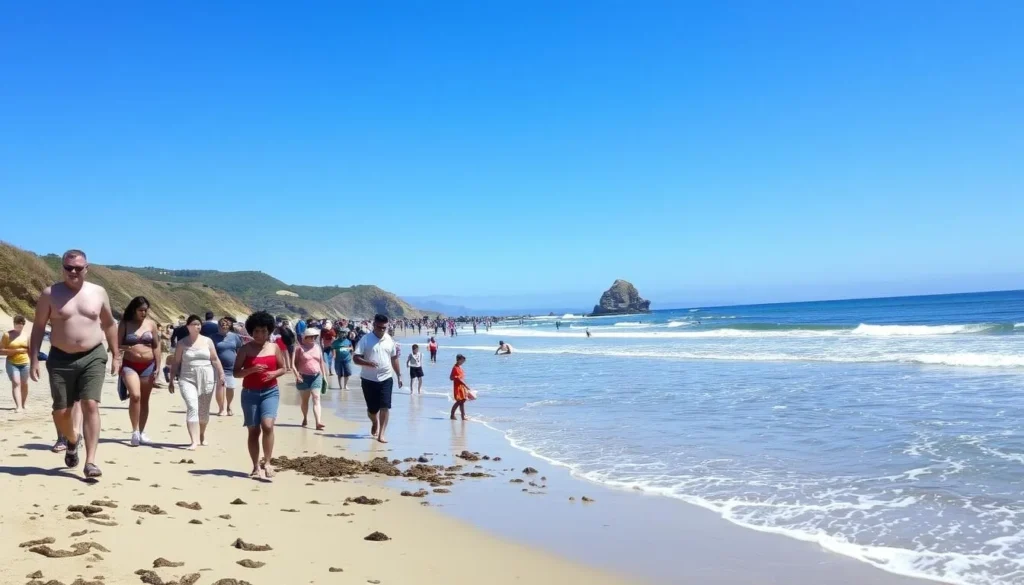 Visitors enjoying Schooner Gulch State Beach California on a sunny summer day Visitors enjoying Schooner Gulch State Beach California on a sunny summer day