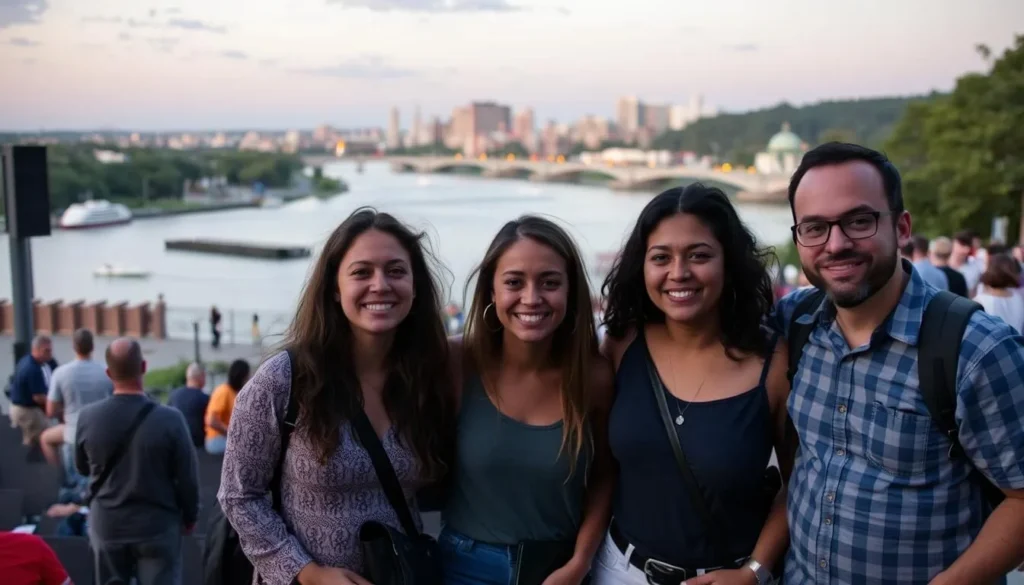 Visitors enjoying a concert at the River Common amphitheater in Wilkes-Barre with the Susquehanna River in the background