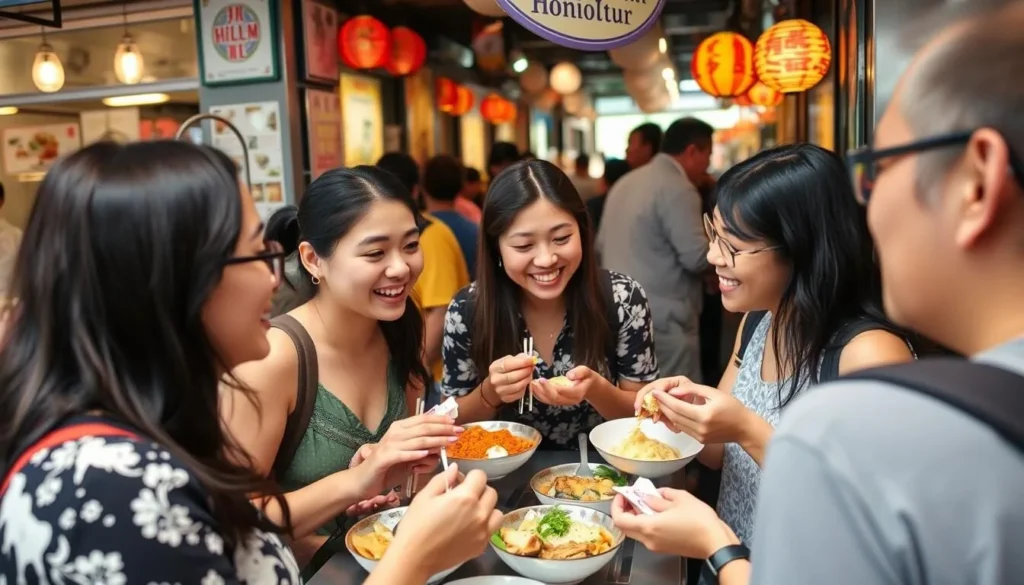 Visitors enjoying a food tour through Chinatown Honolulu