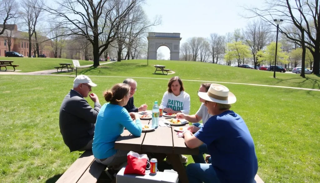 Visitors enjoying a picnic at Wayne's Woods Picnic Area with the National Memorial Arch visible in the background