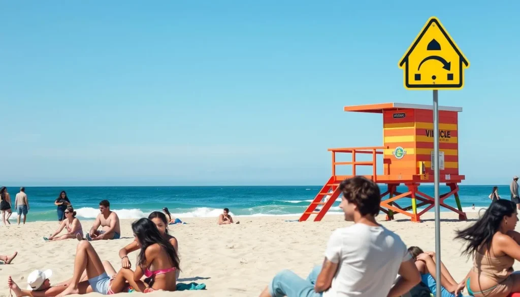 Visitors enjoying a safe day at Venice Beach with lifeguard tower visible in Los Angeles, California