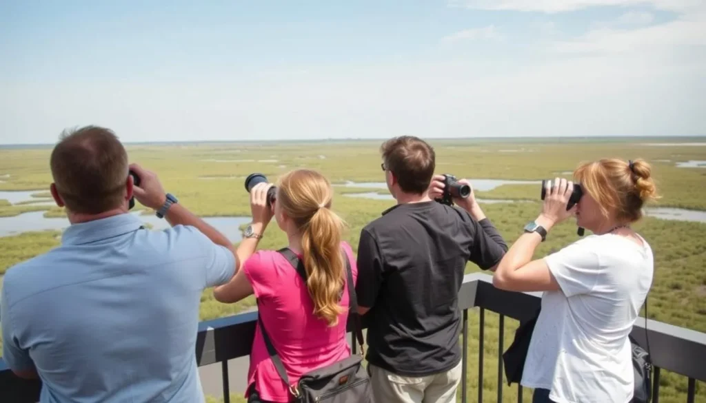 Visitors enjoying birdwatching from observation tower at Sabine National Wildlife Refuge Visitors enjoying birdwatching from observation tower at Sabine National Wildlife Refuge