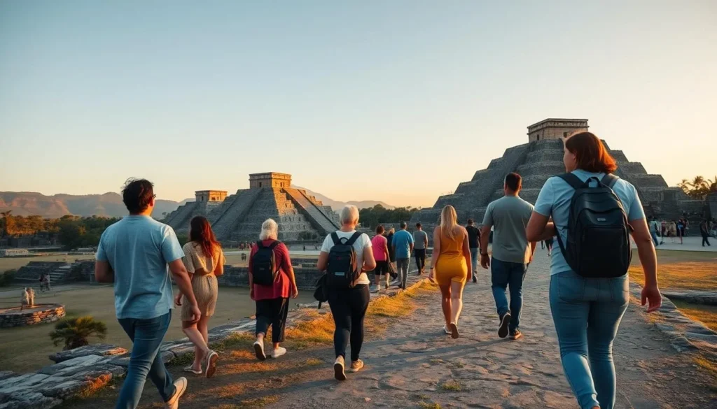 Visitors exploring Teotihuacan Pyramids during golden hour with comfortable weather conditions