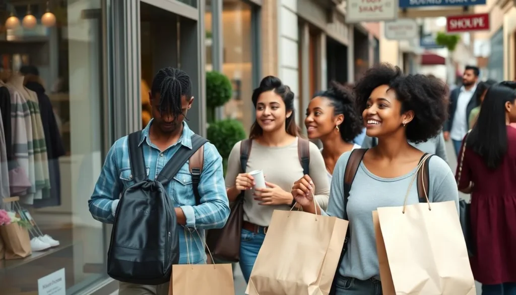 Visitors exploring small shops in downtown York with shopping bags