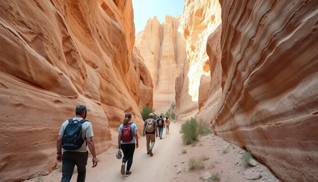 Visitors hiking along a well-marked trail between tall clay formations at Cathedral Gorge Visitors hiking along a well-marked trail between tall clay formations at Cathedral Gorge
