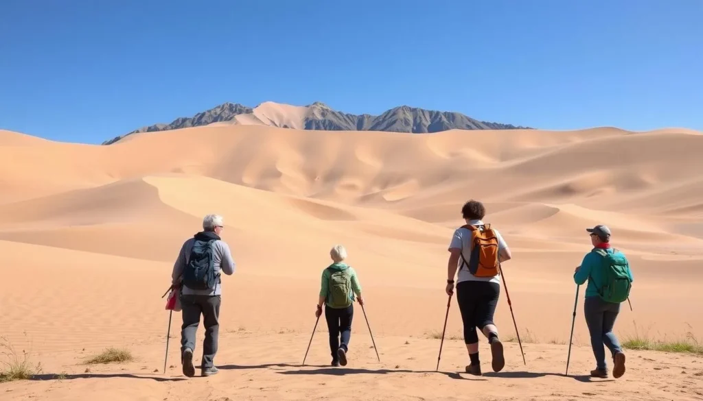 Visitors hiking toward the Great Sand Dunes with backpacks and hiking gear