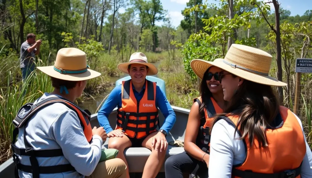 Visitors in proper outdoor gear exploring Maurepas Swamp safely Visitors in proper outdoor gear exploring Maurepas Swamp safely