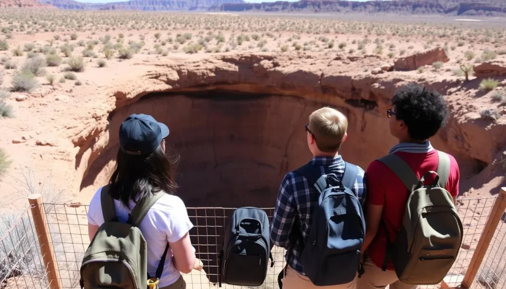 Visitors observing Devils Throat sinkhole from behind the safety fence Visitors observing Devils Throat sinkhole from behind the safety fence