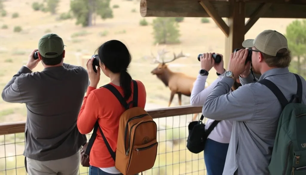 Visitors observing elk from a safe distance at the viewing platform Visitors observing elk from a safe distance at the viewing platform
