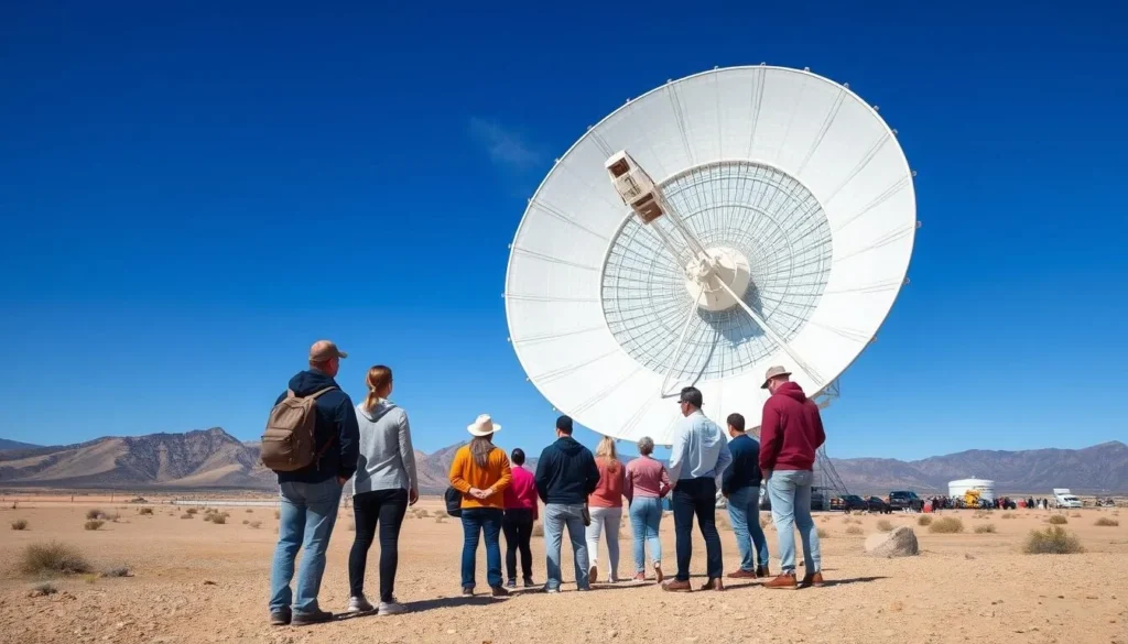 Visitors observing one of the massive VLA radio telescope dishes up close