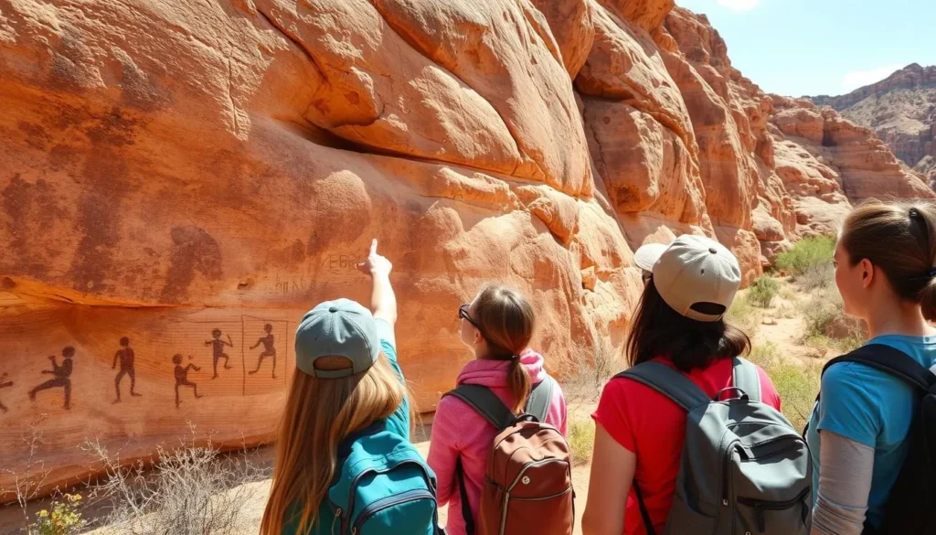 Visitors observing rock art in Canyon Pintado from a respectful distance without touching Visitors observing rock art in Canyon Pintado from a respectful distance without touching