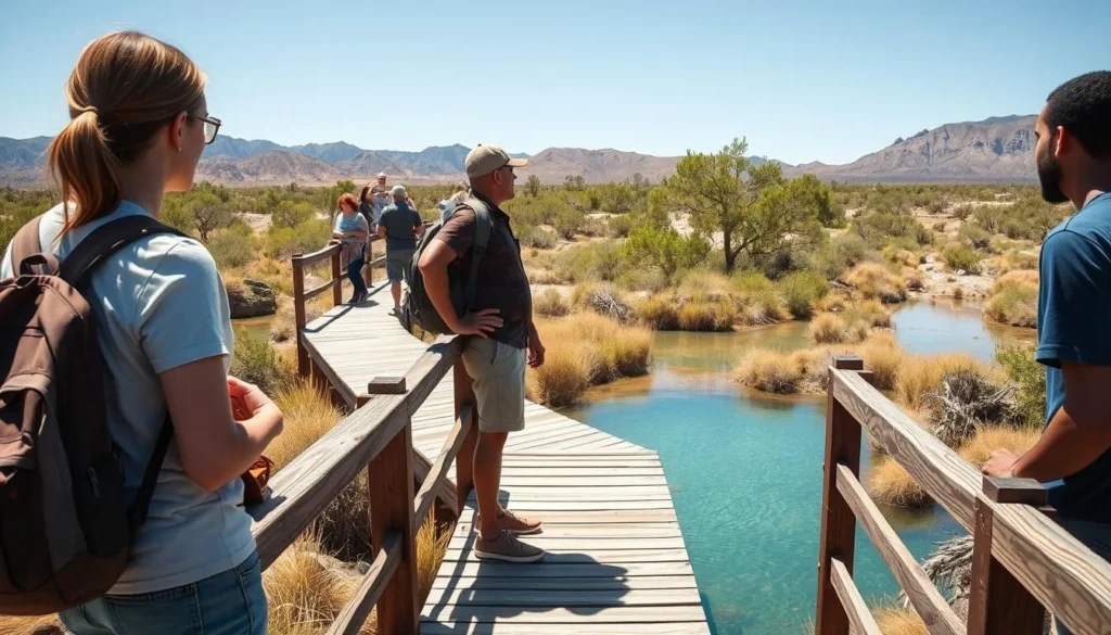 Visitors observing wildlife from boardwalk at Ash Meadows Visitors observing wildlife from boardwalk at Ash Meadows