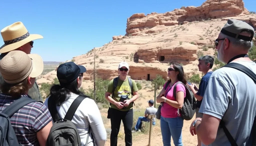 Visitors on a guided tour at Chimney Rock Archaeological Area Colorado learning about ancient Puebloan culture