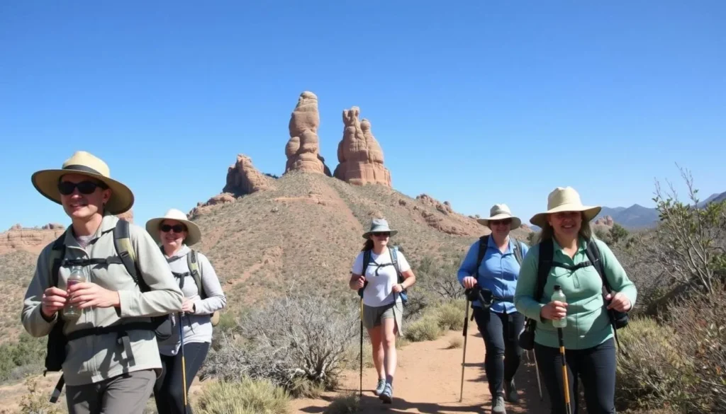Visitors prepared with proper gear hiking at Chimney Rock National Monument Visitors prepared with proper gear hiking at Chimney Rock National Monument