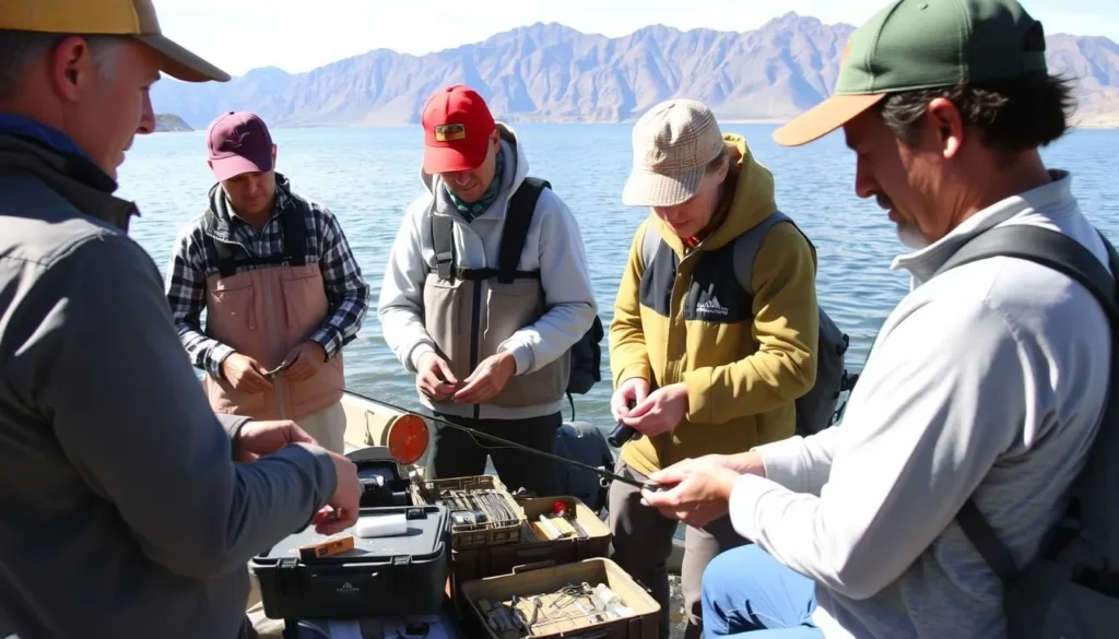 Visitors preparing fishing gear at Theodore Roosevelt Lake