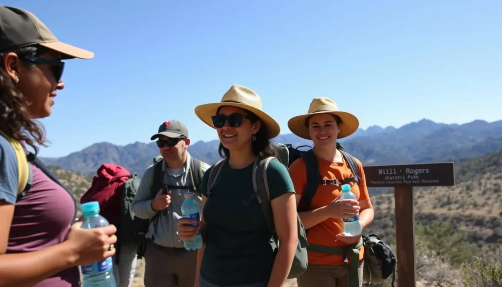 Visitors preparing for a hike at Will Rogers State Historic Park