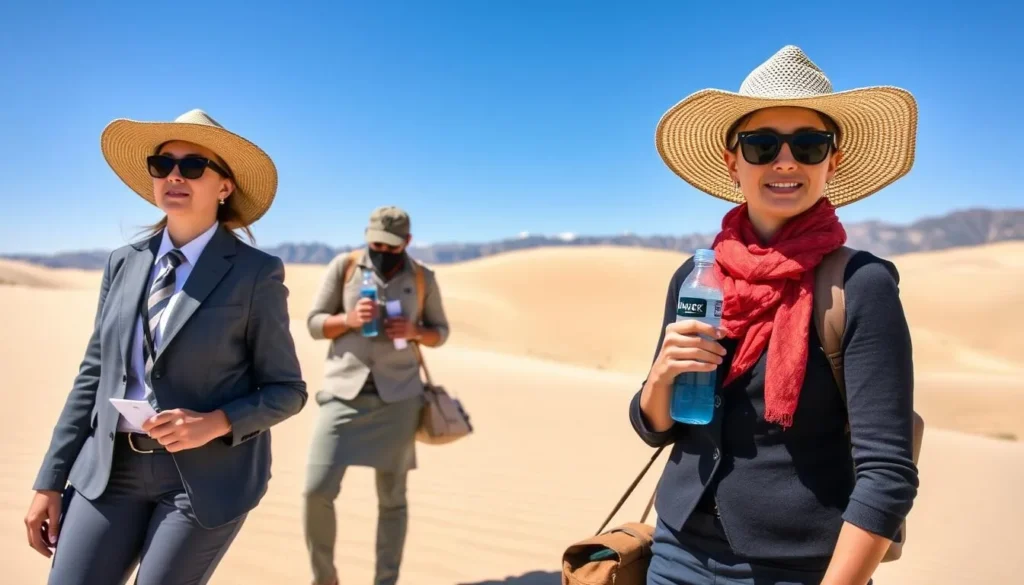 Visitors properly prepared with sun protection while exploring the dunes at Great Sand Dunes National Park Visitors properly prepared with sun protection while exploring the dunes at Great Sand Dunes National Park