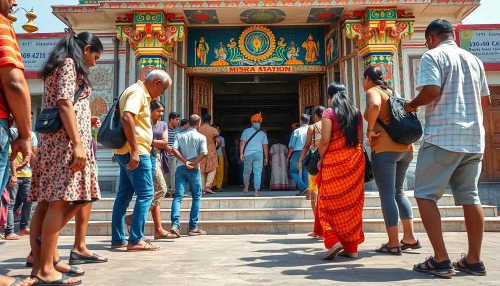 Visitors removing shoes before entering a colorful Hindu temple in Mysuru, Karnataka India best things to do