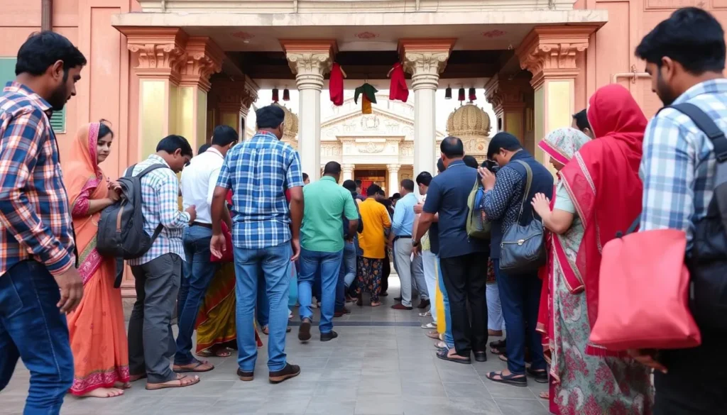 Visitors removing shoes before entering a temple in Delhi, showing respect for local customs