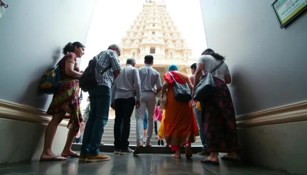Visitors removing shoes before entering a temple in Mysuru