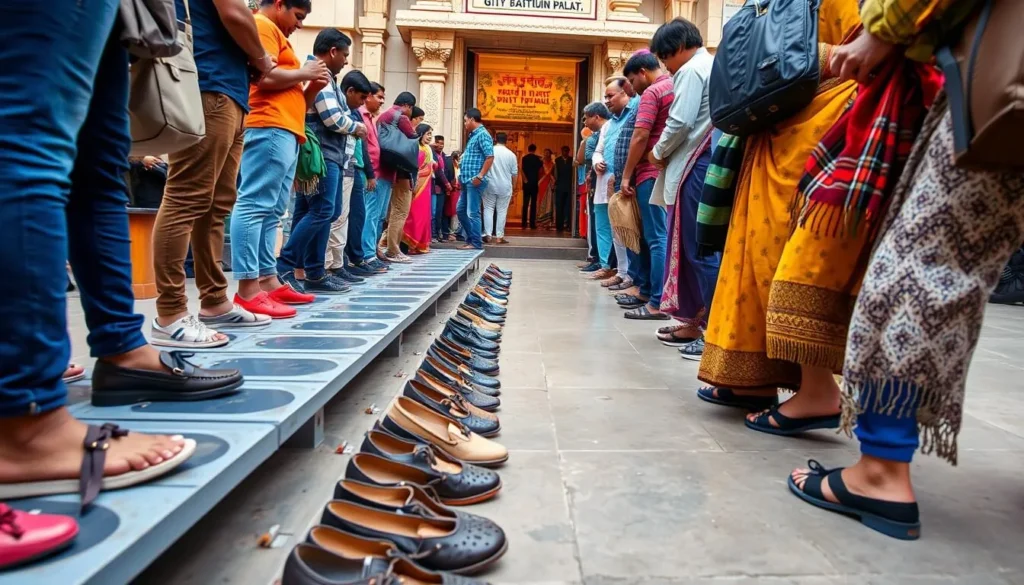 Visitors removing shoes before entering a temple in New Delhi, showing respect for local customs