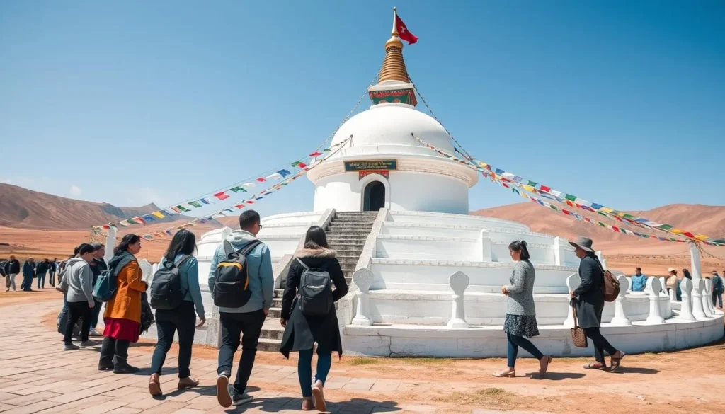 Visitors respectfully circumambulating a Buddhist stupa in Kalmykia in clockwise direction