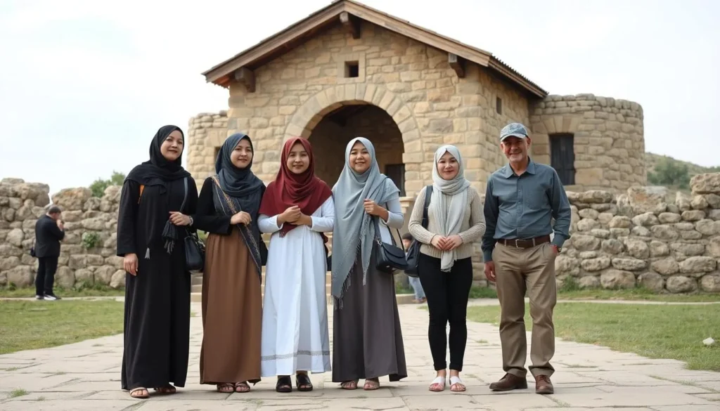 Visitors respectfully dressed at a cultural site in Ingushetia Visitors respectfully dressed at a cultural site in Ingushetia