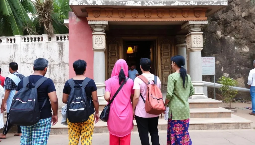 Visitors respectfully dressed at a temple entrance in Gokarna