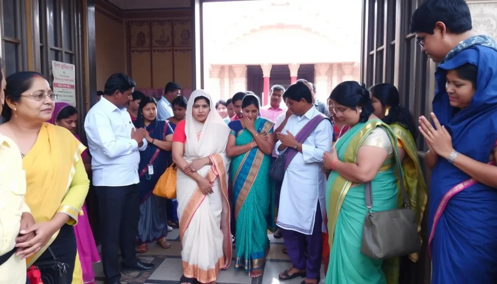 Visitors respectfully entering a temple in Gandhinagar with appropriate attire Visitors respectfully entering a temple in Gandhinagar with appropriate attire