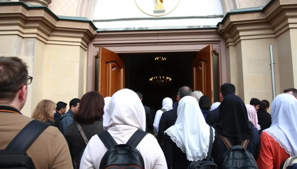 Visitors respectfully entering an Orthodox church in Kursk with women wearing headscarves
