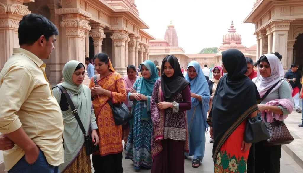 Visitors respectfully exploring a temple in Bhubaneswar with appropriate attire