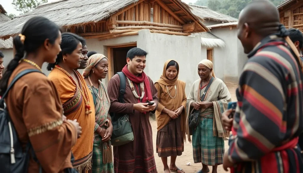 Visitors respectfully interacting with local Nyishi tribe members in traditional attire