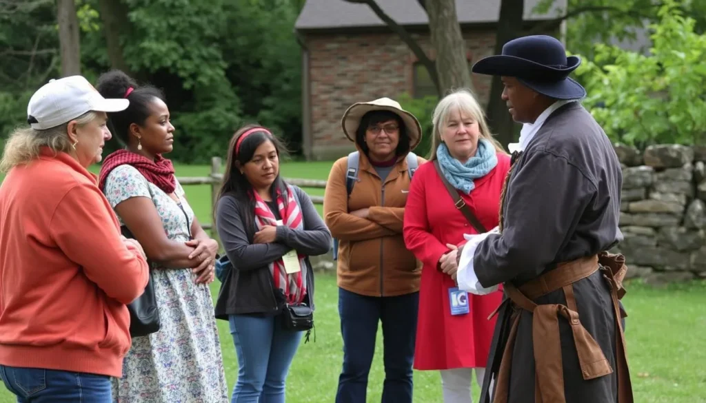 Visitors respectfully observing a historical demonstration at Washington Crossing Historic Park