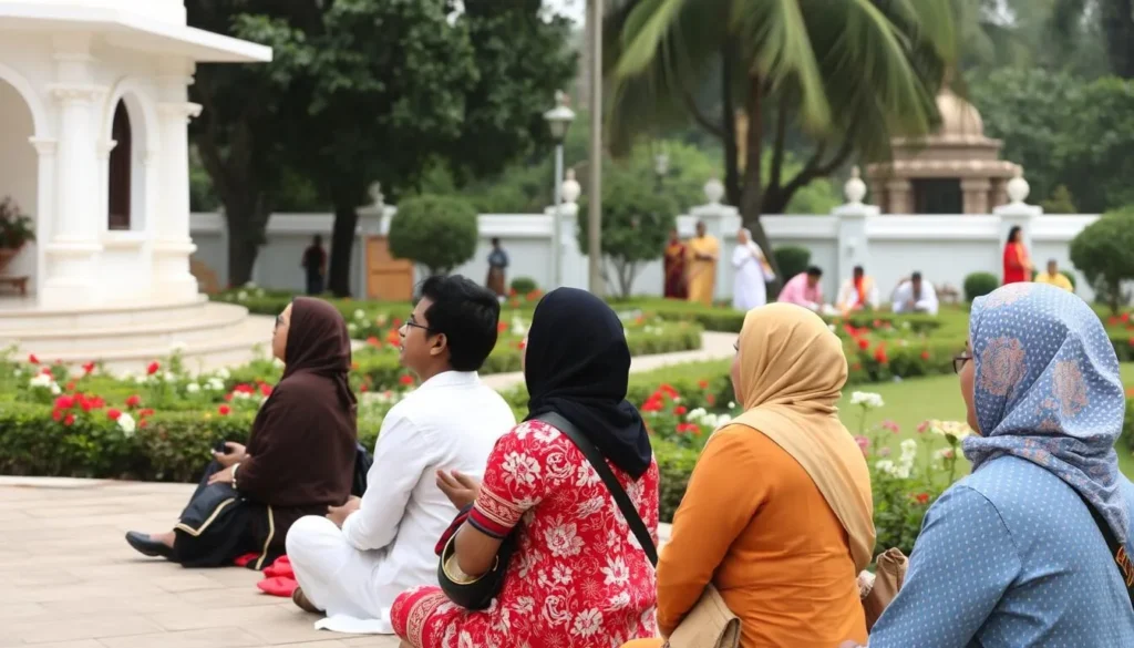 Visitors respectfully observing customs at Sri Aurobindo Ashram in Puducherry